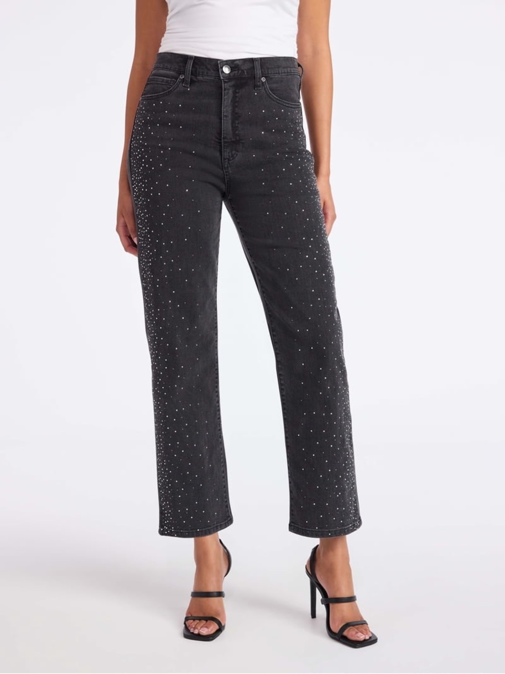 sofia by sofia vergara Black Crystal-Embellished Straight Leg Long Jeans NWT